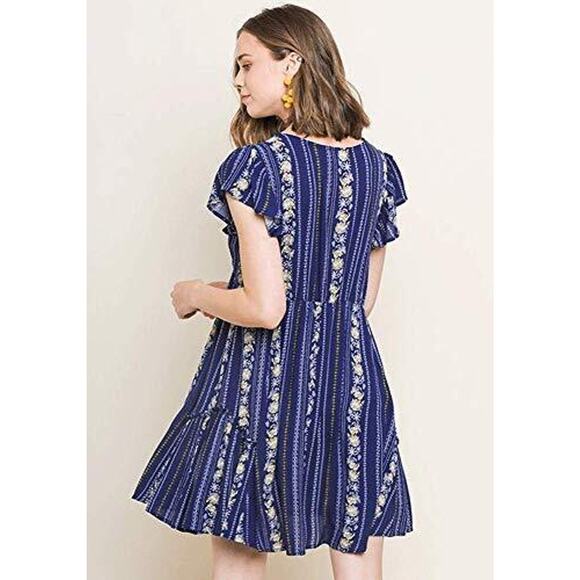 Umgee Women's V Neck Flutter Short Sleeve Bohemian Dress L5329 - Navy NEW - Picture 3 of 3